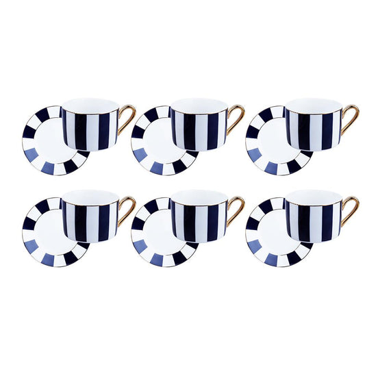 Odilia Navy Blue and White Striped 6-Piece Porcelain Teacup Set