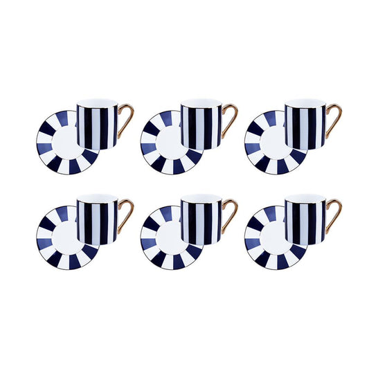 Odilia Set of 6 Dark Blue and White Striped Porcelain Coffee Cups